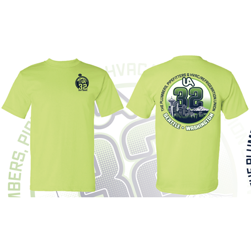 Bright yellow UA Local 32 tee with green logo
