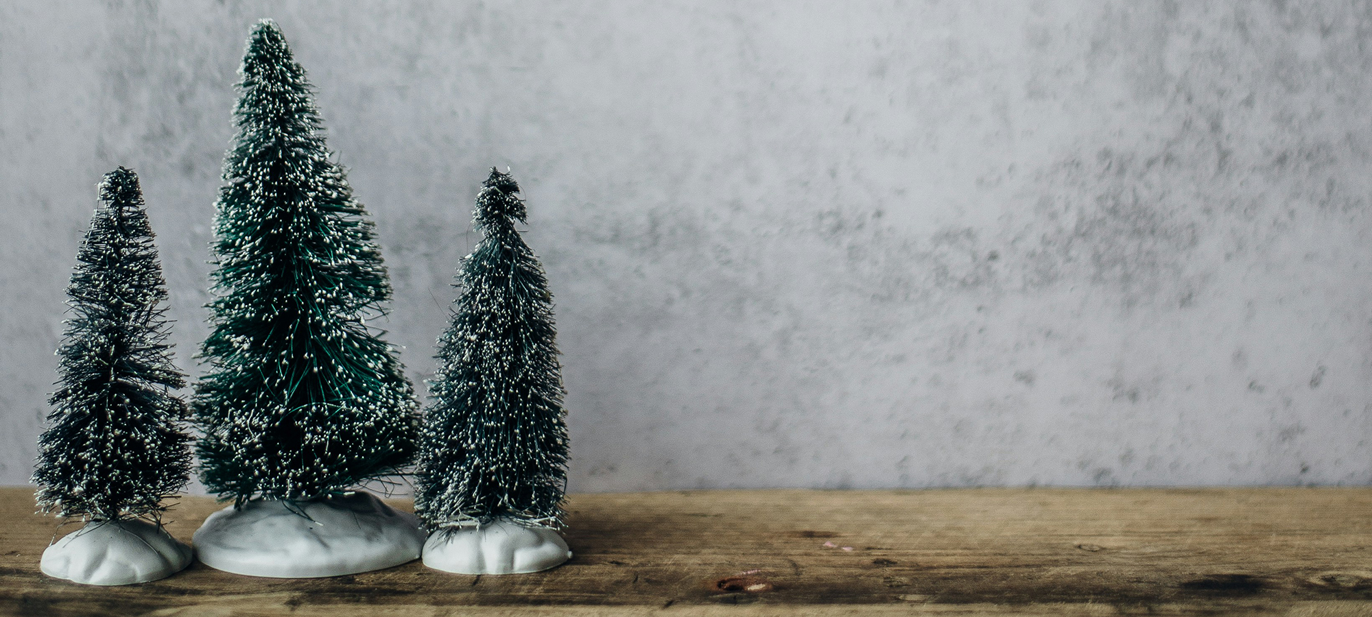 Small model Christmas trees on a wooden countertop