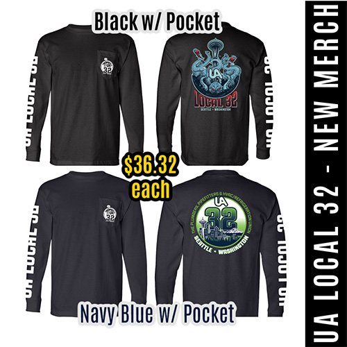 Black w/pocket and navy blue w/pocket UA Local 32 shirts
