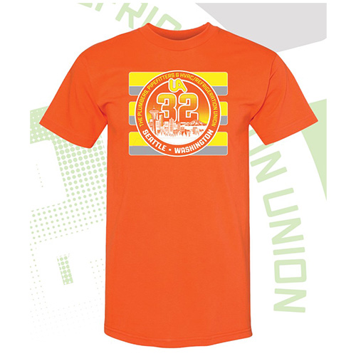 Bright orange and yellow UA Local 32 logo t-shirt
